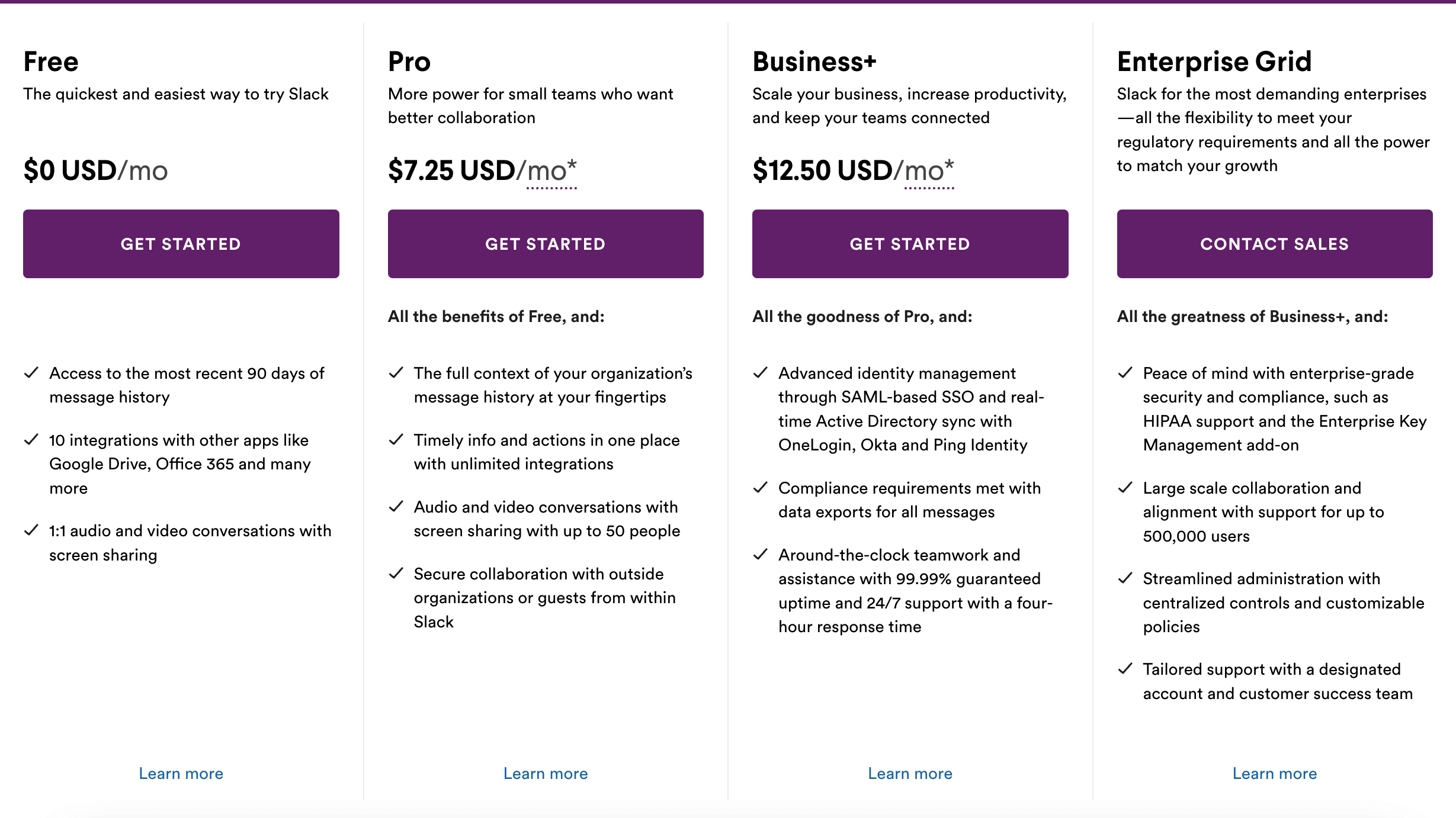 Slack pricing grid 