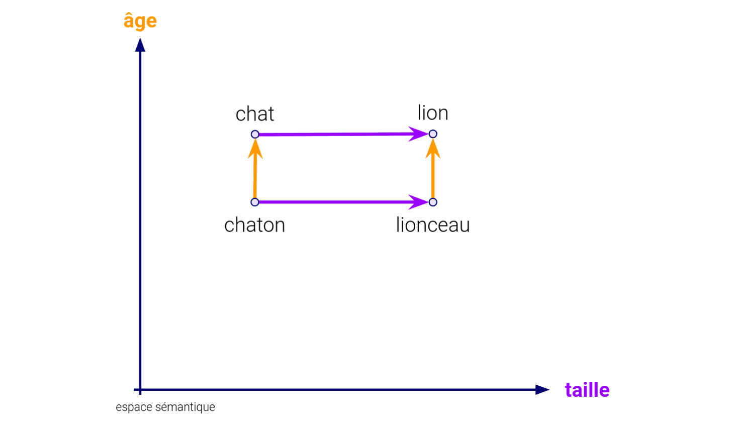 Generative AI - Embedding and its dimensions In this two-dimensional semantic space, "age" and "size" reveal the links between words: Kitten is to Cat what Cub is to Lion.