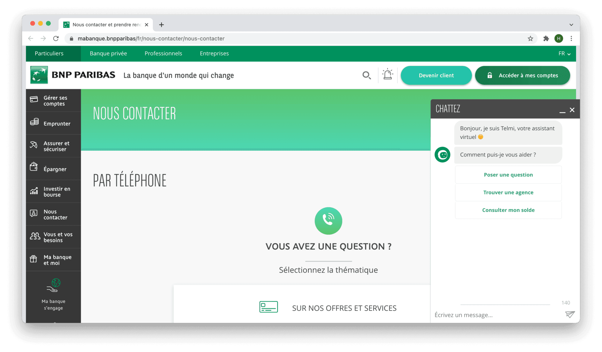 Chatbot - BNP Paribas Telmi : l’assistant virtuel de BNP Paribas (source : mabanque.bnpparibas)