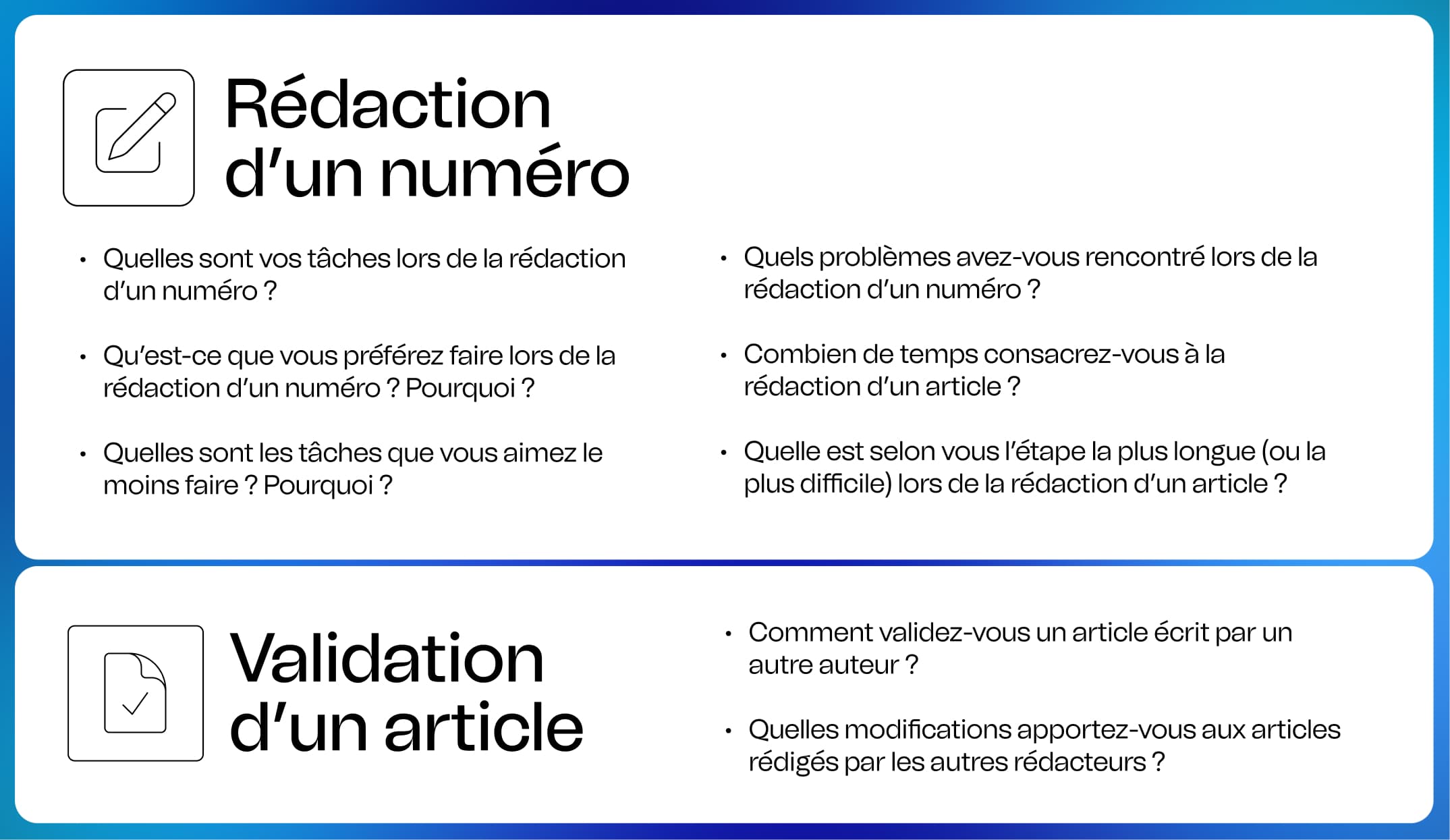 Extrait d’une trame d’interview pour la digitalisation d’un journal interne Extrait d’une trame d’interview de l'agence BeTomorrow pour la digitalisation d’un journal interne. User Experience. UX. Agence UX.
