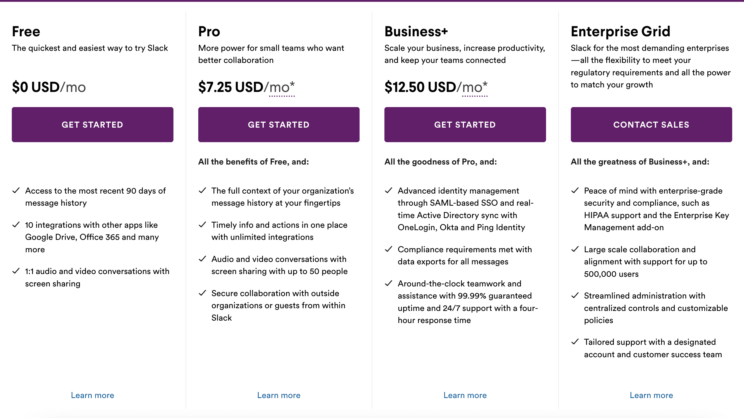 Slack pricing grid Slack pricing grid