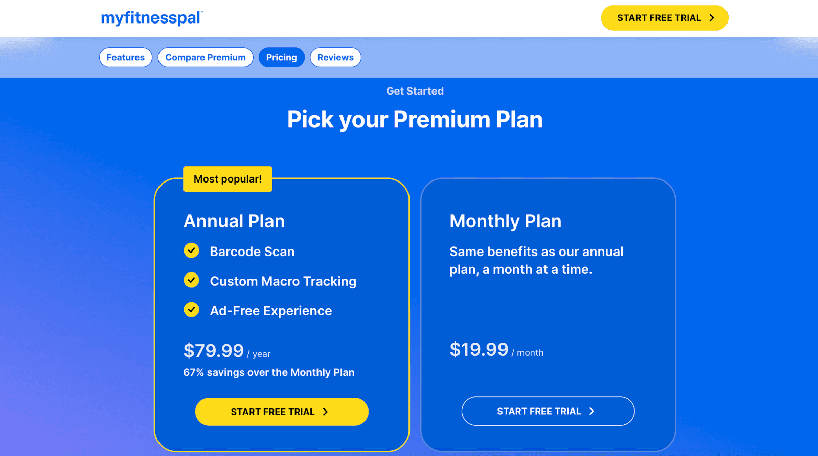 Product-led Growth - myfitnesspal Premium pricing at MyFitnessPal (source: myfitnesspal)